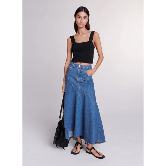 Maje RARE Authentic Jondulys Denim Jean Asymmetrical Maxi Skirt 36 Small - Picture 1 of 11